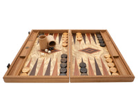 Luksuriøst backgammon-sæt i oliventræsburl fra Manopoulos med luksuriøse terningebægre i træ