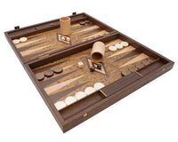 Manopoulos' luksuriøse Backgammon-sæt i valnøddetræsburl og wenge med luksus Terningebægre