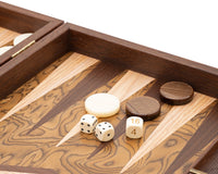 Manopoulos' luksuriøse Backgammon-sæt i valnøddetræsburl og wenge med luksus Terningebægre