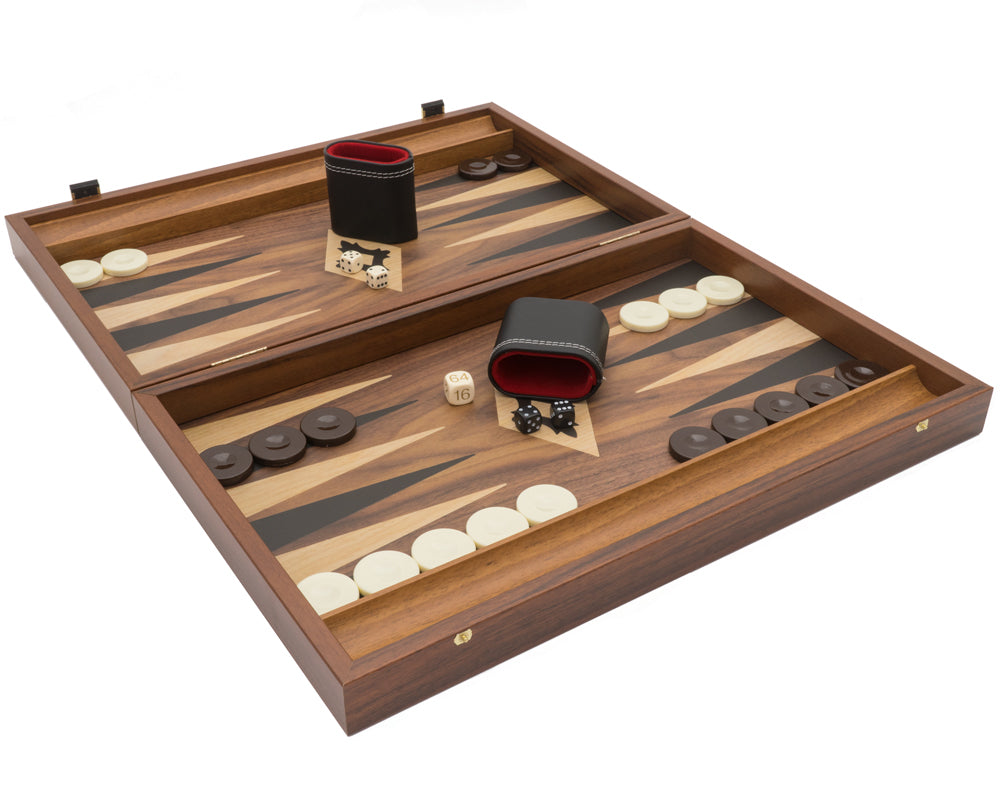 Manopoulos Club Stor Backgammon-sæt i valnød, sort og eg med Vinyl Deluxe terningebægre