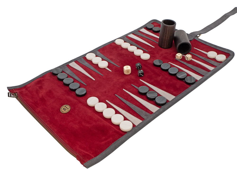 Manopoulos ruskinds rul-op rejse-Backgammon-sæt - Bordeaux